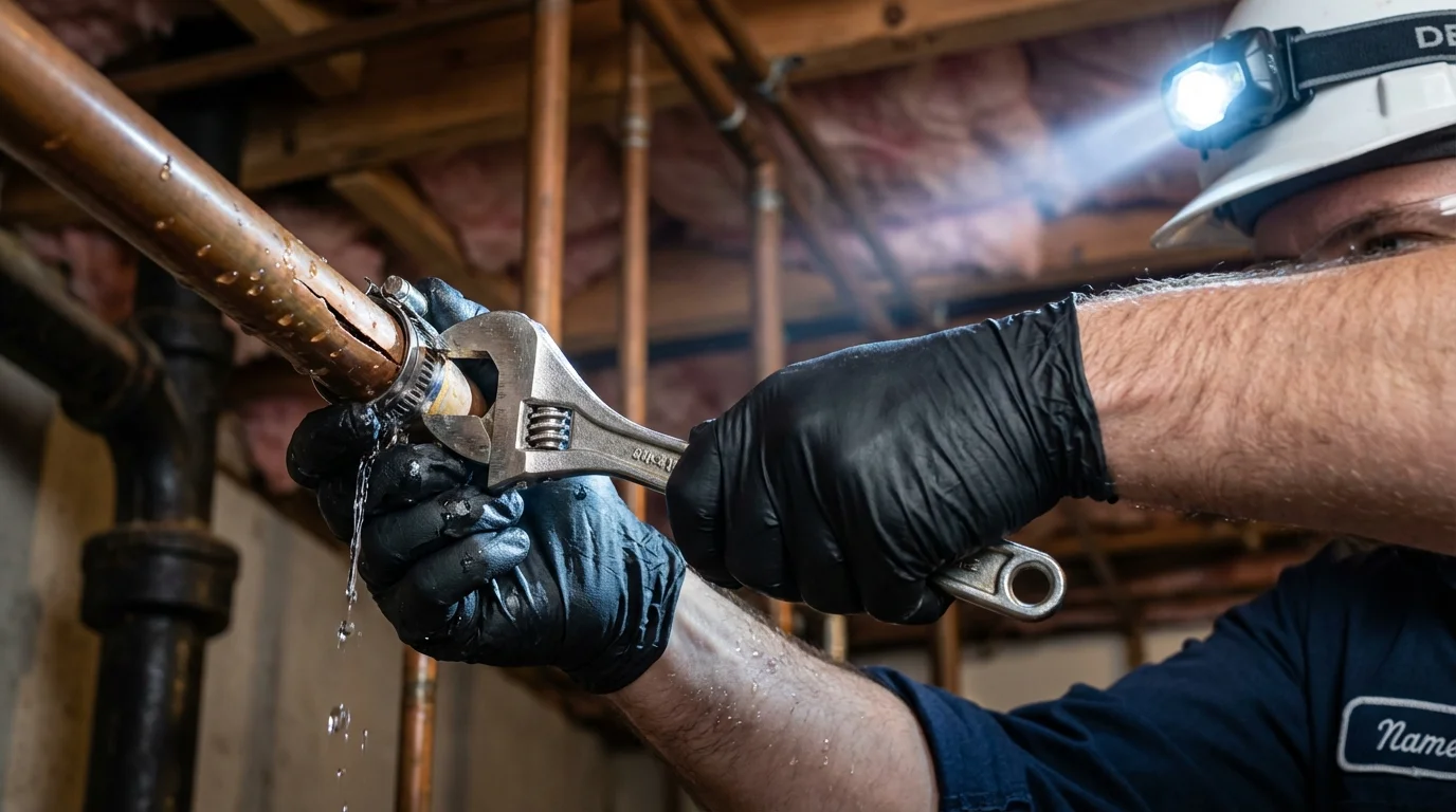Emergency pipe clamp repair being performed by a Johns Plumbing LLC plumber in Pittsfield