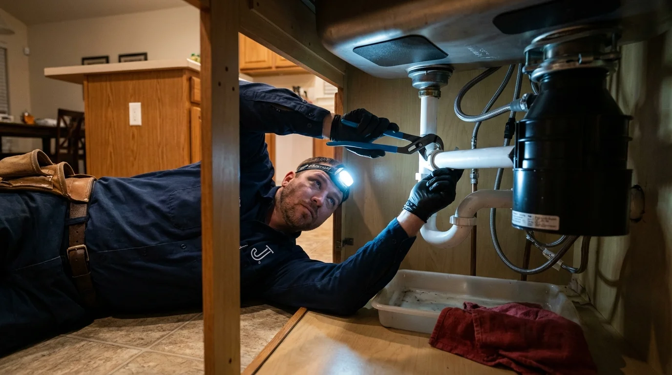 P-trap and supply line connections under a kitchen sink showing a common leak point in Pittsfield, NH